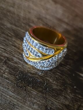 Stainless Steel Gold and Silver Crystal Wide Band Ring - Elegant Women's Jewelry